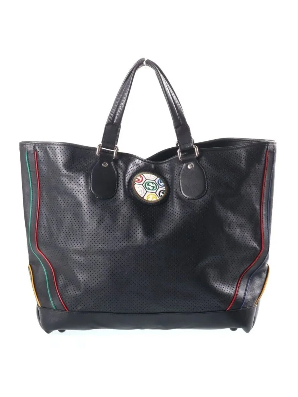 Gucci Perforated Tote Bag Black Leather Silver